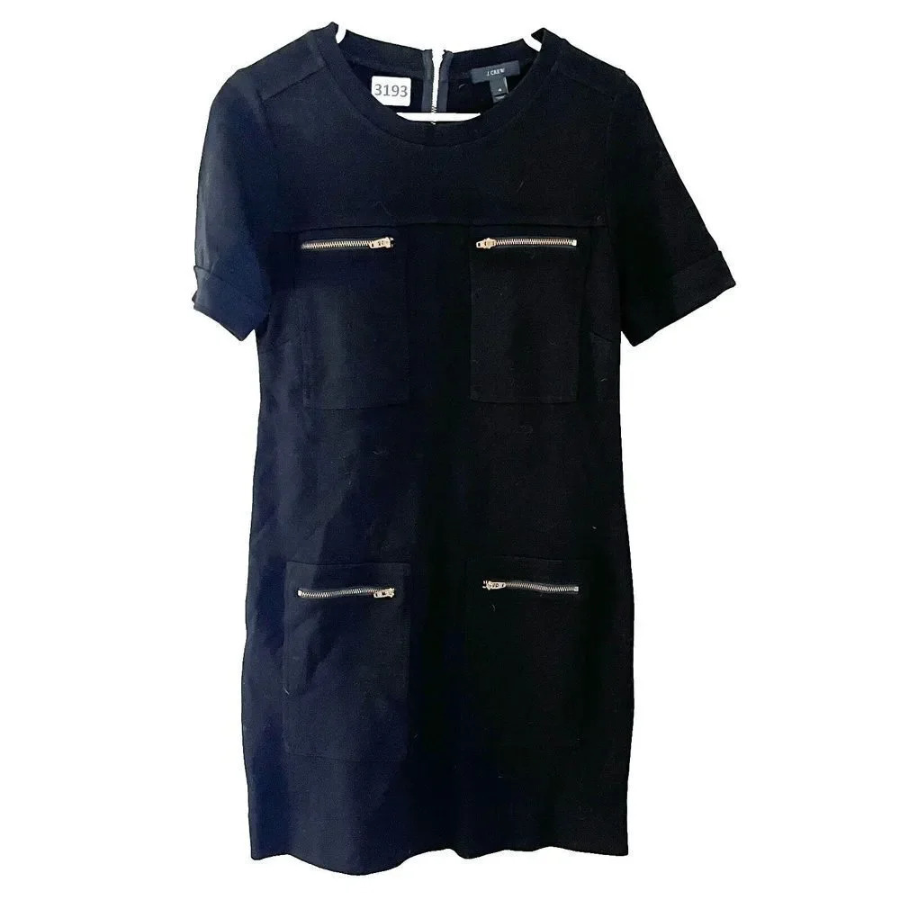 J Crew Womens Black Shift Dress 4 Classic Chest Zip Pockets Short Sleeve Classic